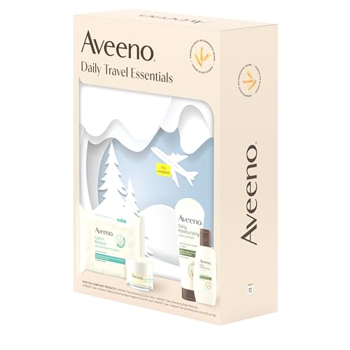 Aveeno Daily Travel Essentials set includes a selection of skincare products. The packaging features a winter-themed design with an airplane graphic.