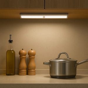 Under-cabinet LED light illuminates a kitchen counter featuring a bottle of oil, two wooden pepper mills, and a stainless steel pot with a lid.