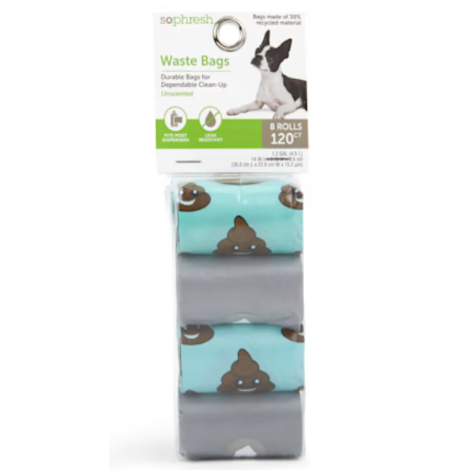 So Phresh Waste Bags: 8 rolls, 120 count, unscented, with fun designs featuring smiling poop emojis. Made from 30% recycled material, fits most dispensers, leak-resistant.
