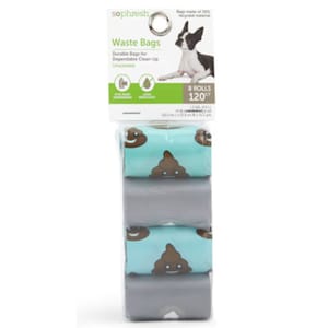 So Phresh Waste Bags: 8 rolls, 120 count, unscented, with fun designs featuring smiling poop emojis. Made from 30% recycled material, fits most dispensers, leak-resistant.