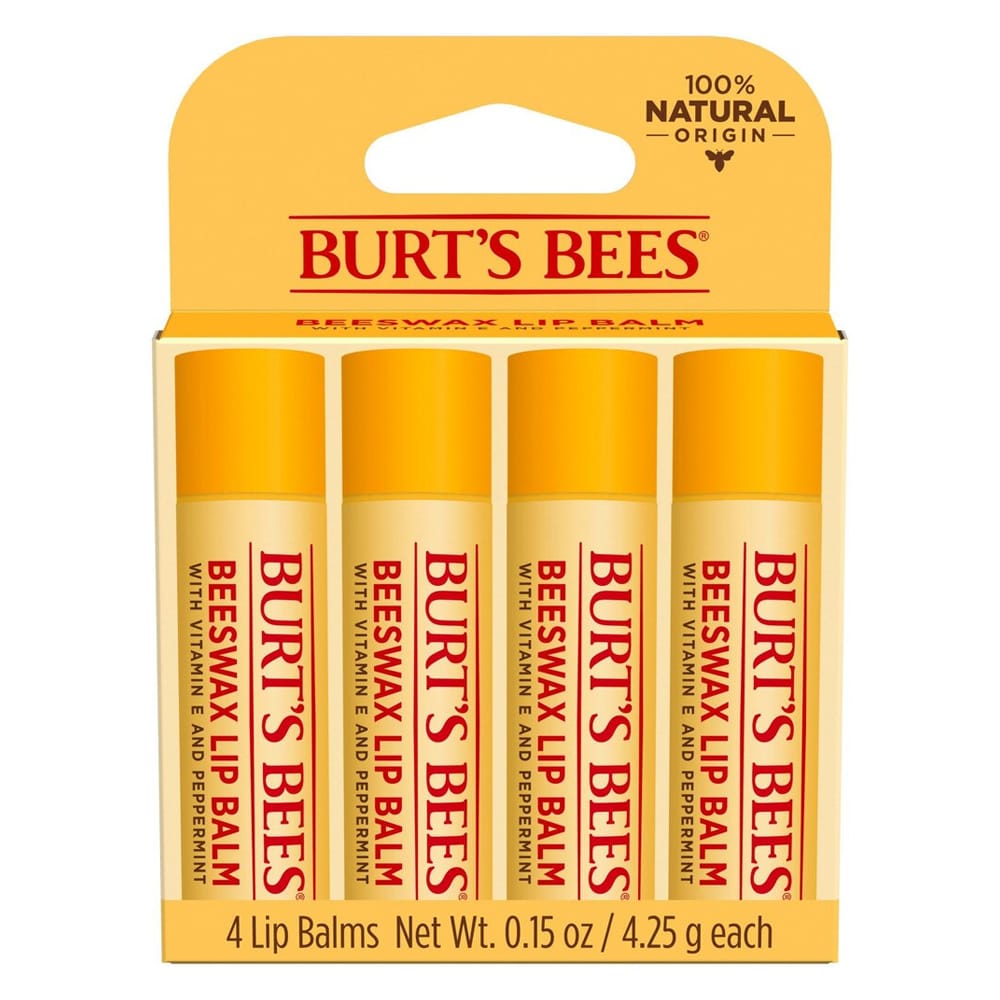 Burt's Bees Beeswax Lip Balm 4-pack with vitamin E and peppermint, 100% natural origin; each tube is 0.15 oz (4.25 g).