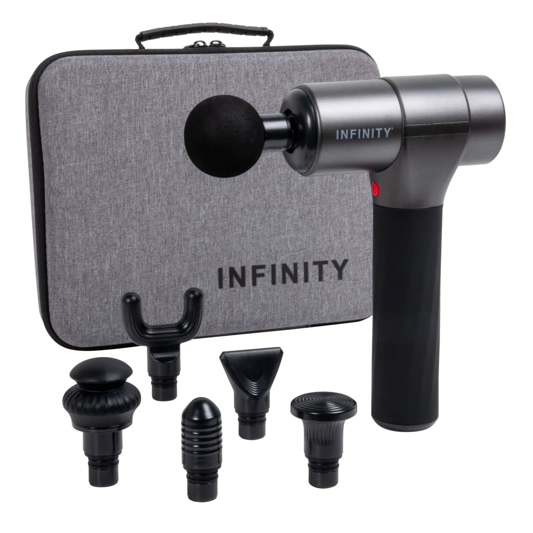 A handheld massager kit with multiple interchangeable heads for targeted muscle relief is shown, alongside a sleek, gray carrying case with the brand name \“Infinity\“ displayed.