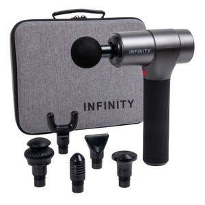 A handheld massager kit with multiple interchangeable heads for targeted muscle relief is shown, alongside a sleek, gray carrying case with the brand name \“Infinity\“ displayed.