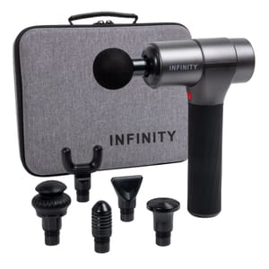 A handheld massager kit with multiple interchangeable heads for targeted muscle relief is shown, alongside a sleek, gray carrying case with the brand name \“Infinity\“ displayed.