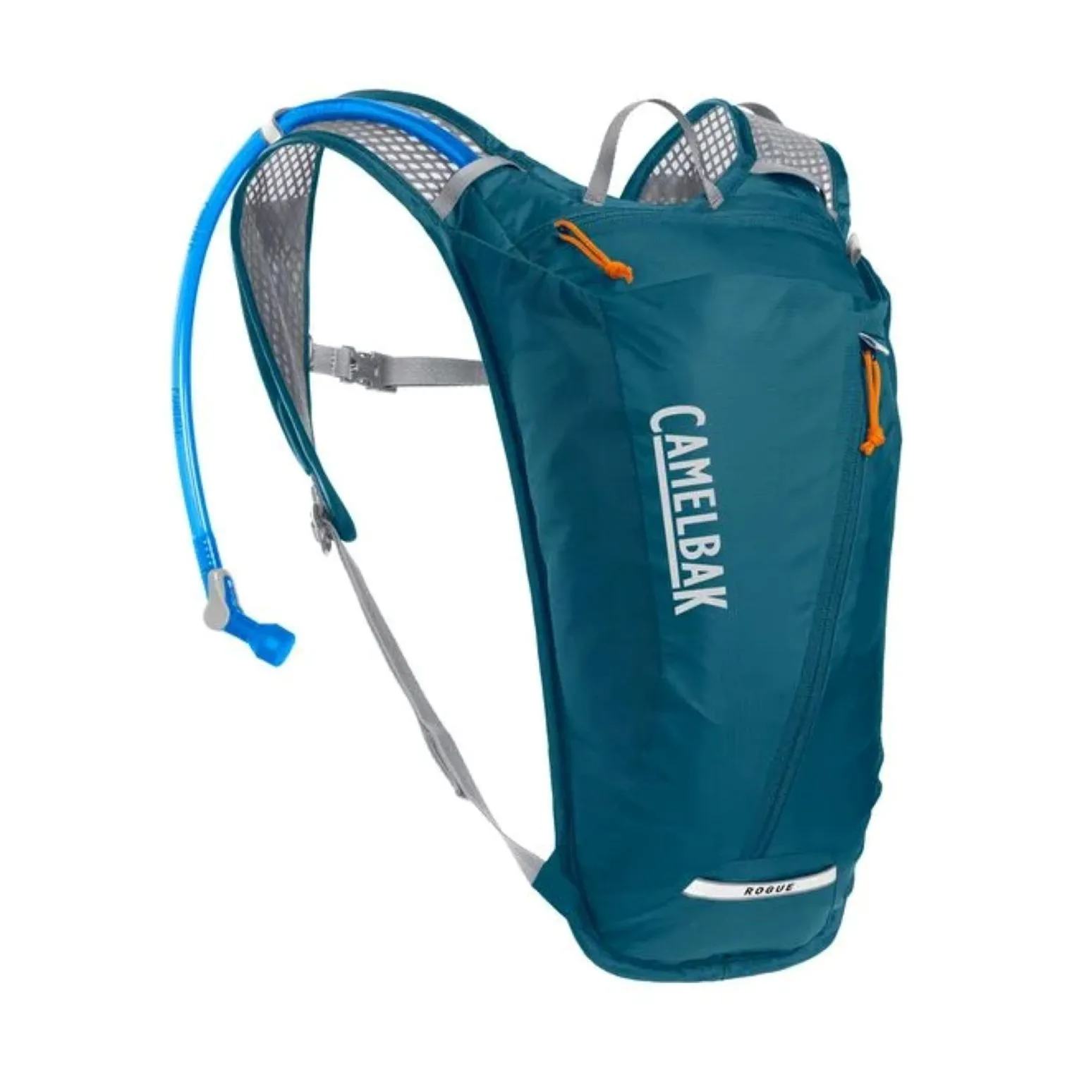 A blue CamelBak Rogue hydration backpack with an attached drinking tube and adjustable straps, designed for outdoor activities.