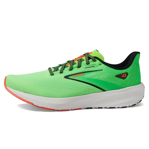 Brooks Men's Launch 10 Shoes are lightweight running shoes featuring a vibrant green upper with black accents, an orange outsole, and cushioned white midsoles for comfort and support.