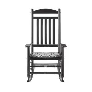 Black wooden rocking chair with a slatted back and seat.