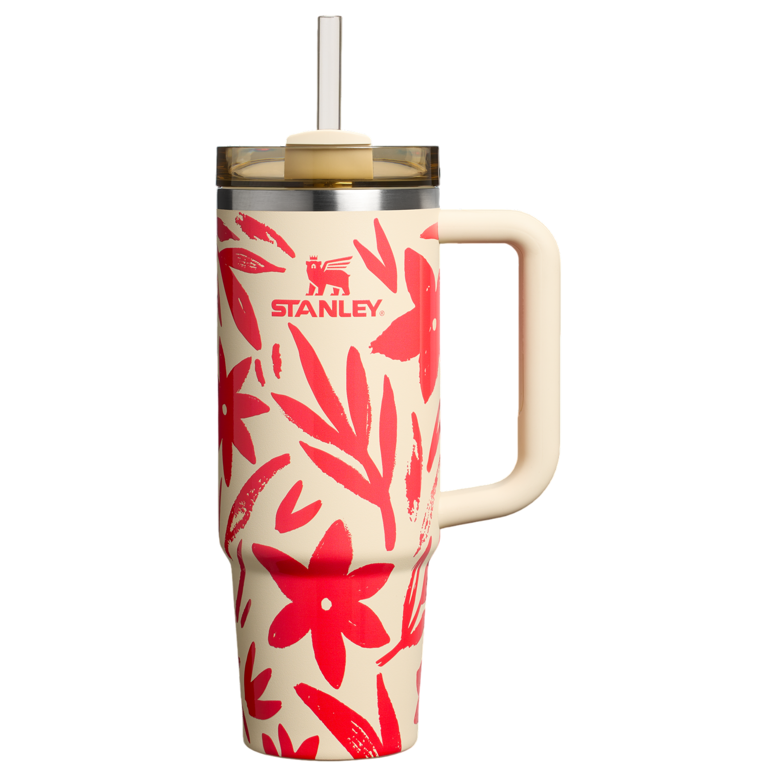 Stanley tumbler with handle, floral design, cream background, red floral pattern, clear lid, and straw.