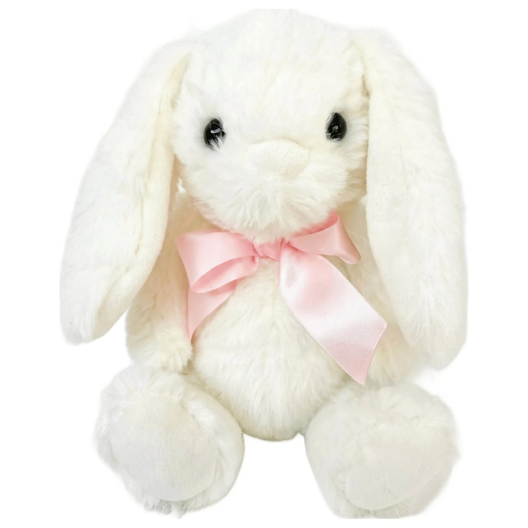 A white plush bunny with long ears and black eyes, adorned with a pink bow around its neck.