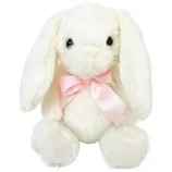 A white plush bunny with long ears and black eyes, adorned with a pink bow around its neck.