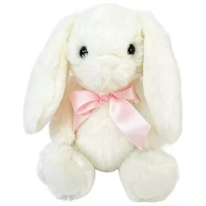 A white plush bunny with long ears and black eyes, adorned with a pink bow around its neck.