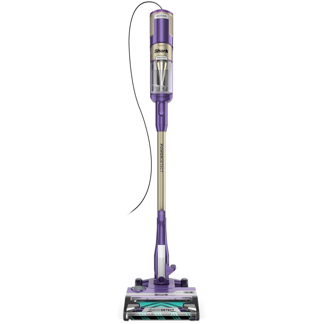 Shark upright vacuum cleaner with a purple design, featuring DuoClean PowerFins and a PowerDetect sensor.