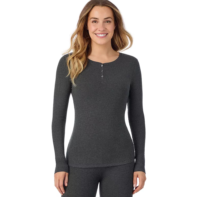 A woman is wearing a long-sleeve, dark gray ribbed thermal top with a henley neckline, paired with matching bottoms.