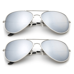 Two pairs of aviator sunglasses with mirrored lenses and metal frames are displayed, featuring double bridges and adjustable nose pads.
