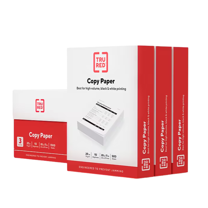 TRU RED Copy Paper, designed for high-volume, black-and-white printing, comes in a pack of 3 reams totaling 1500 sheets, with 20 lb. weight and 92 brightness, measuring 8.5 x 11 inches.