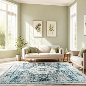 A living room with a light gray sofa, paired with a matching armchair, a blue and white patterned rug, two plant-themed wall artworks, and a potted plant near large windows with natural light.