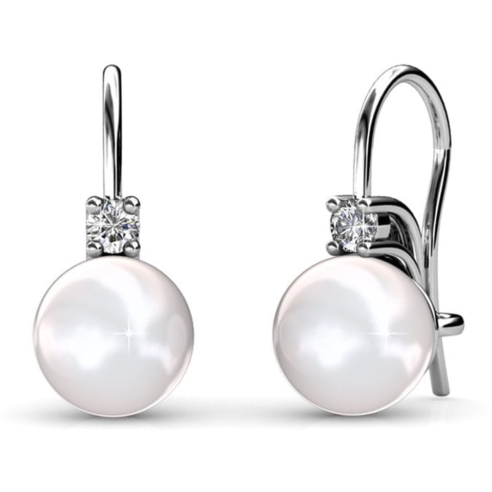 Elegant pearl drop earrings with a lustrous white pearl, accented by a small, sparkling diamond set in a silver hook design.