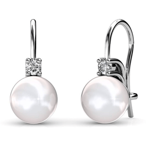 Elegant pearl drop earrings with a lustrous white pearl, accented by a small, sparkling diamond set in a silver hook design.