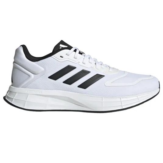 White Adidas running shoe with black stripes and a Lightmotion sole.