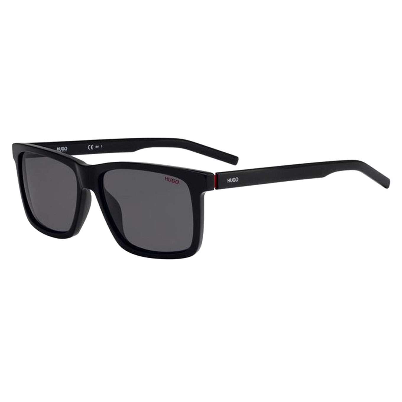 Black rectangular sunglasses with dark lenses and a logo on the temples.