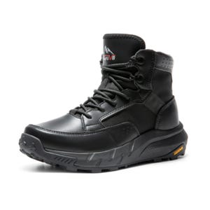 Black leather men's work boot with a high ankle, lace-up design, and rugged outsole for durability and grip. Features branding on the tongue and a padded collar for added comfort.