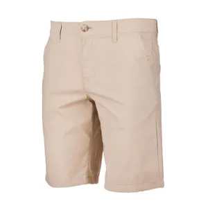 A pair of beige khaki shorts with a button closure and pockets.
