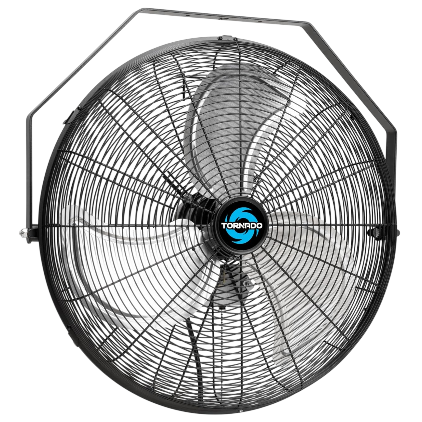 A wall-mounted industrial fan with a black metal frame and protective grill, featuring a logo in the center reading \“Tornado.\“