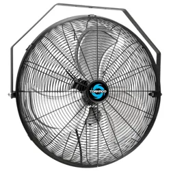 A wall-mounted industrial fan with a black metal frame and protective grill, featuring a logo in the center reading \“Tornado.\“