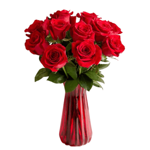 A bouquet of red roses arranged in a red vase, accompanied by a \“Save 15%\“ label.
