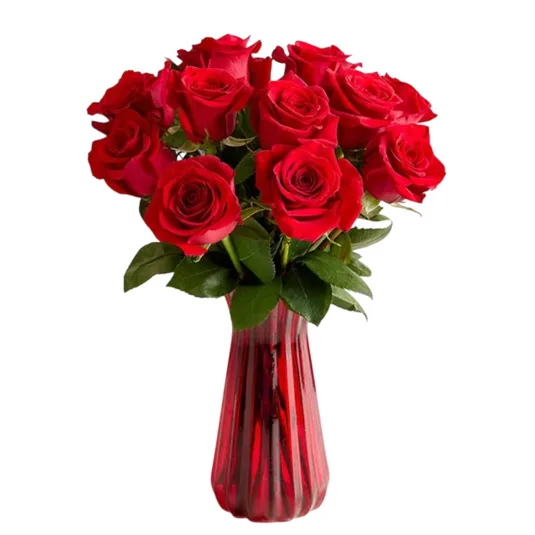 A bouquet of red roses arranged in a red vase, accompanied by a \“Save 15%\“ label.