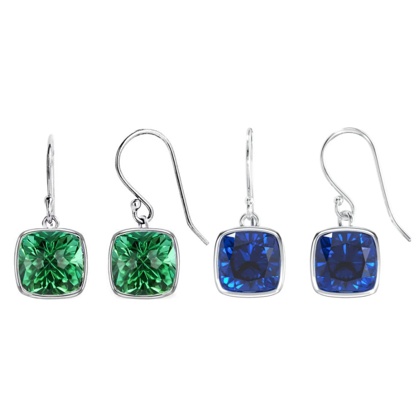 Two pairs of drop earrings featuring square-cut gemstones, one set with green stones and the other with blue stones, both set in silver hooks.