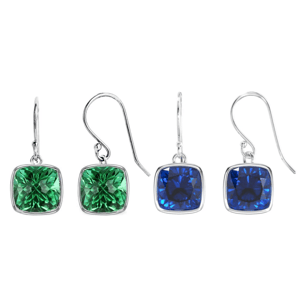 Two pairs of drop earrings featuring square-cut gemstones, one set with green stones and the other with blue stones, both set in silver hooks.