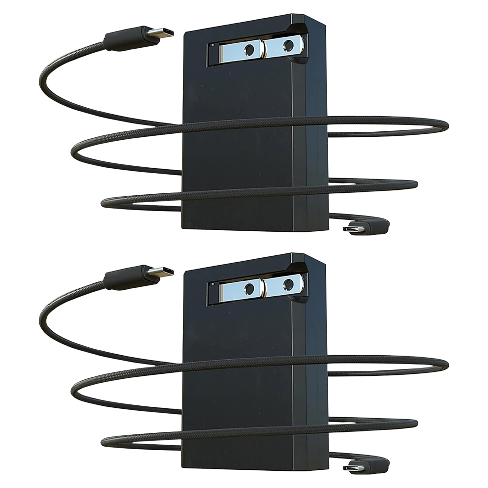 Two black rectangular battery packs with cables featuring USB-C connectors are shown.