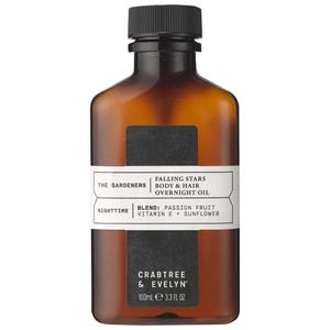 Crabtree & Evelyn Falling Stars Body & Hair Overnight Oil, part of the Gardeners collection, is a nighttime blend of passion fruit, vitamin E, and sunflower. Volume: 100ml (3.3 fl oz).