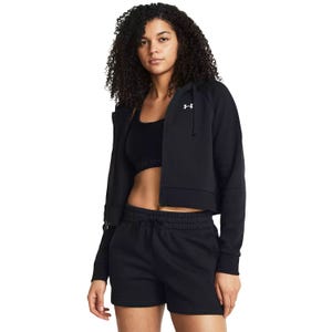 Under Armour Rival Fleece Cropped Hoodie is a black, long-sleeve hoodie with a drawstring hood and a front zipper. It features the Under Armour logo on the chest and offers a comfortable, relaxed fit.