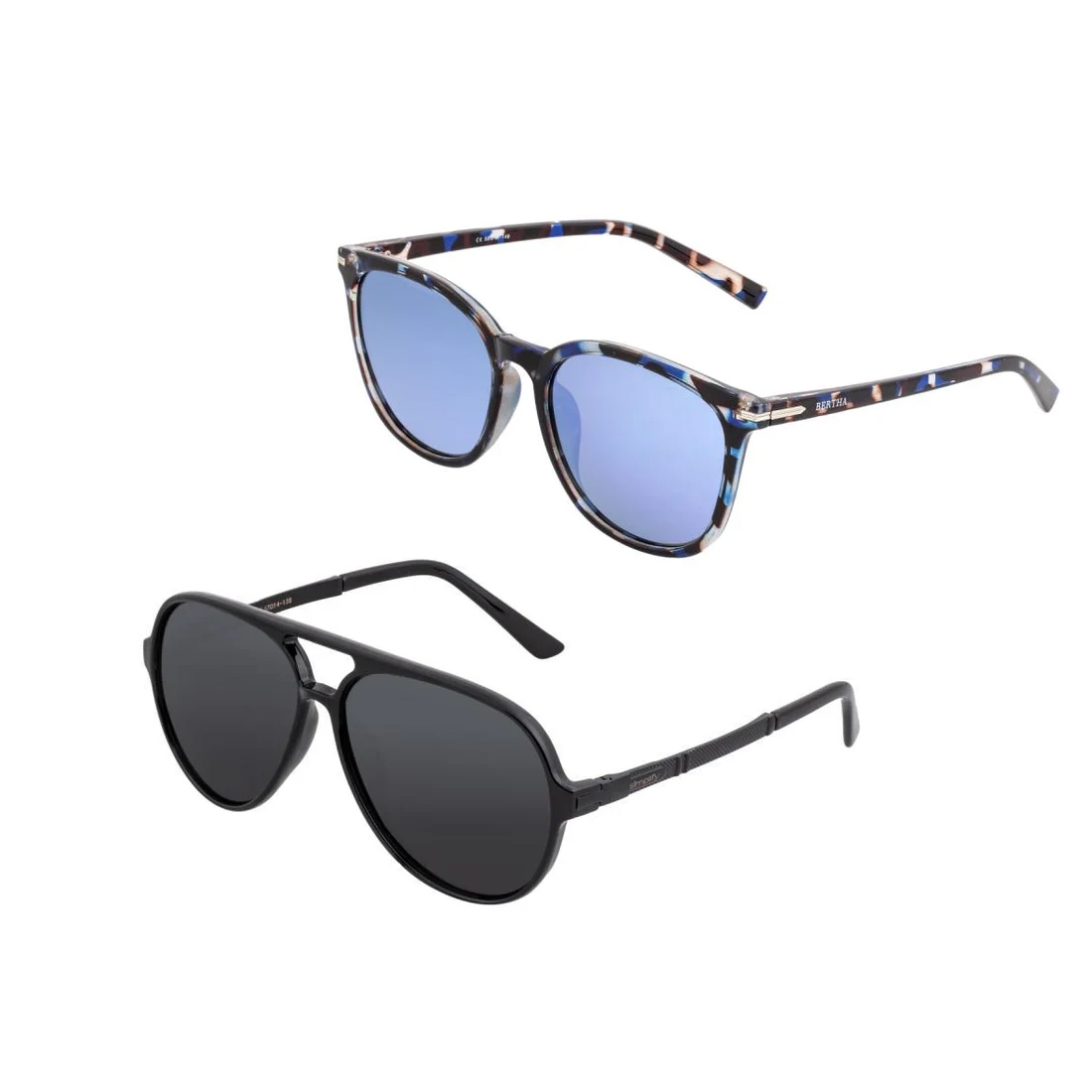 Two pairs of sunglasses, one with black frames, the other with patterned frames and blue-tinted lenses.