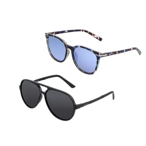 Two pairs of sunglasses, one with black frames, the other with patterned frames and blue-tinted lenses.