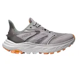 A gray and orange HOKA trail running shoe with a Vibram sole, featuring a mesh upper and reinforced heel.