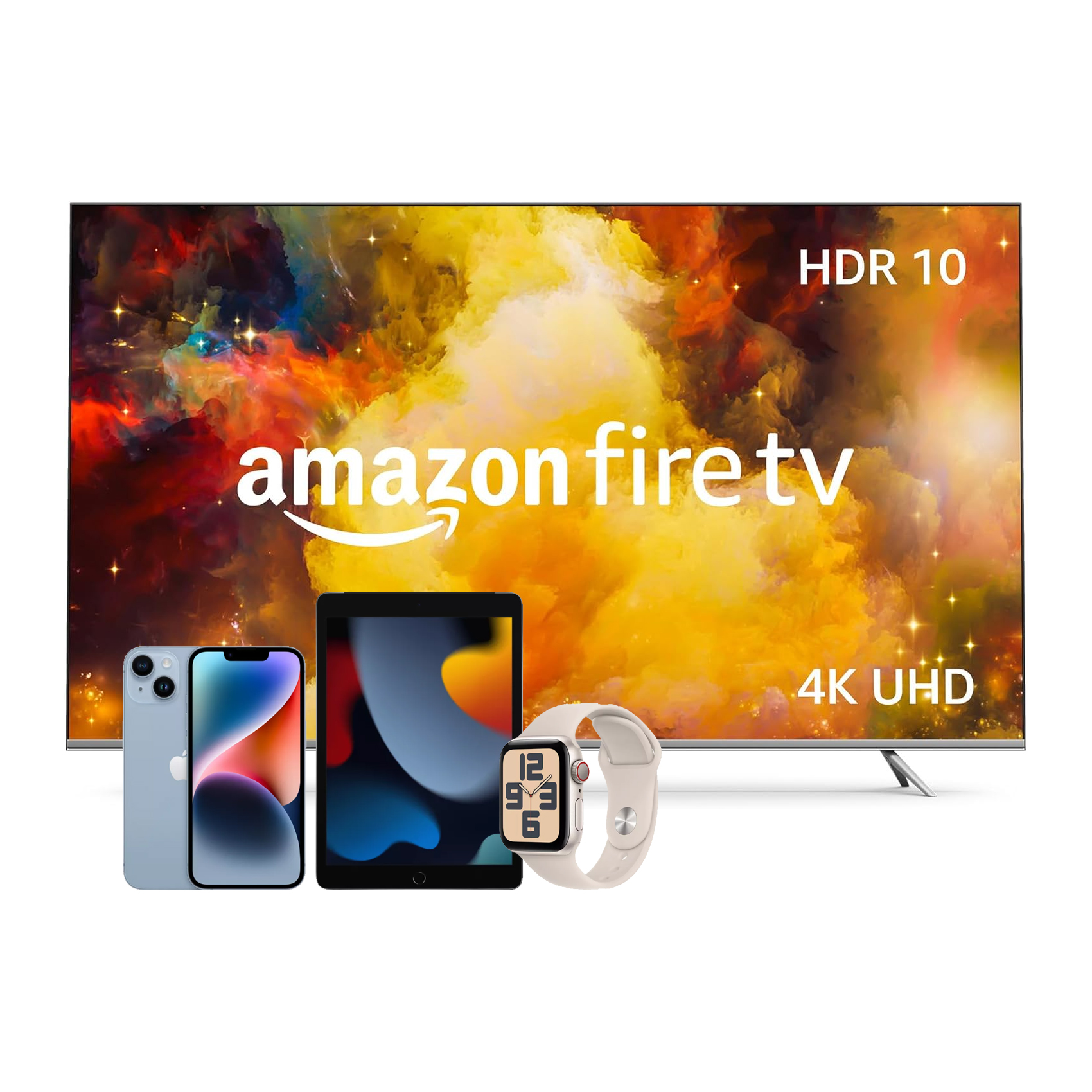A 4K UHD television branded with Amazon Fire TV, a smartphone, a tablet, and a smartwatch are displayed.