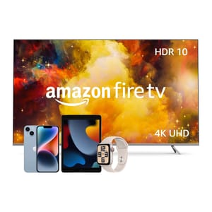 A 4K UHD television branded with Amazon Fire TV, a smartphone, a tablet, and a smartwatch are displayed.