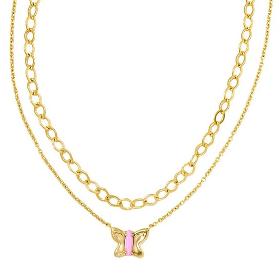 A gold multi-strand necklace featuring two layers: a chunkier chain and a delicate chain with a small pink butterfly pendant.