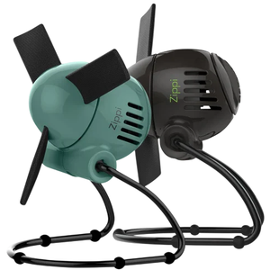 Two compact desk fans, one in teal and the other in black, each with flexible legs and soft foam blades.