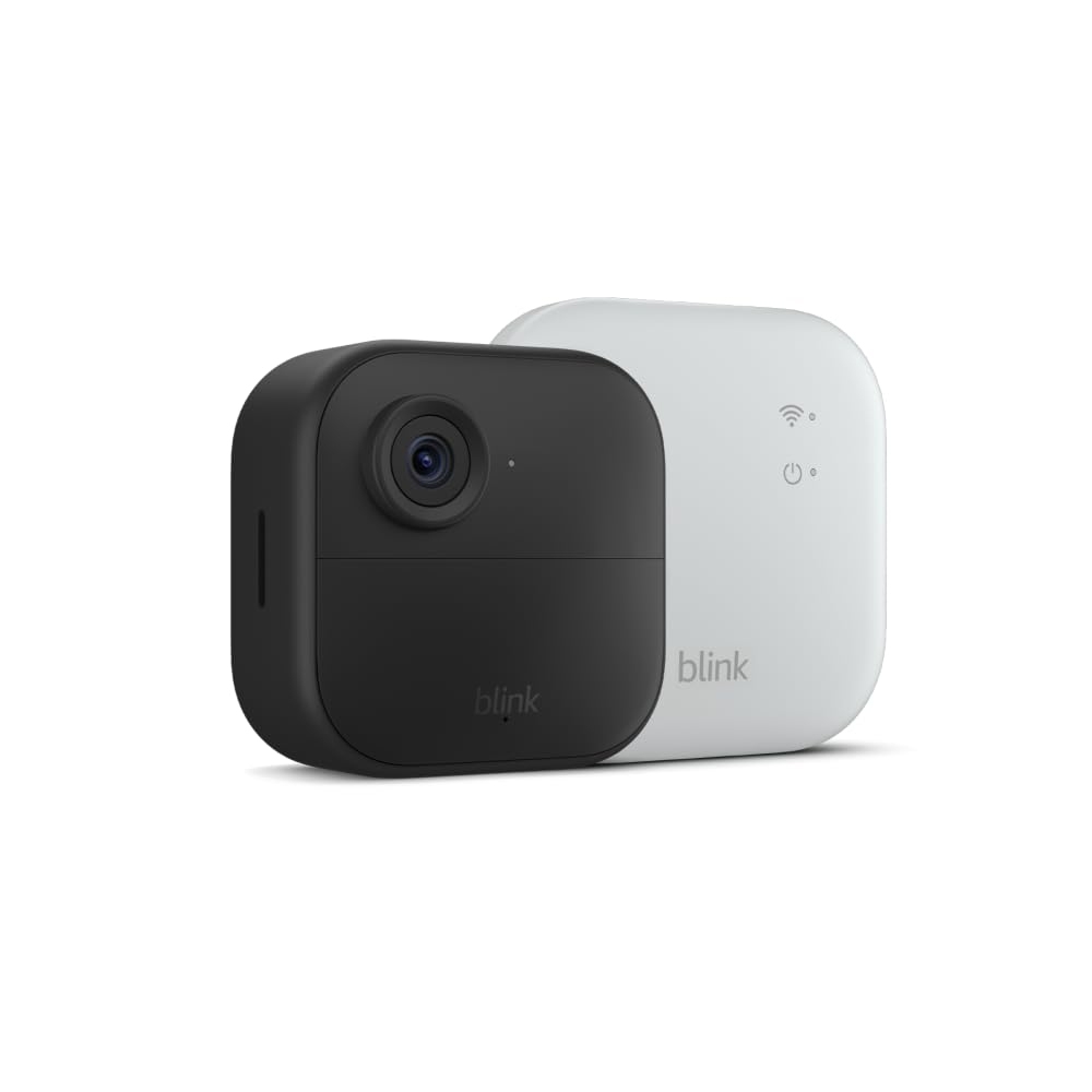 Blink Camera + Sync Module XR includes a compact black security camera with a wide lens and a white sync module for wireless connectivity. Both are branded with \“blink\“ and designed for home surveillance.