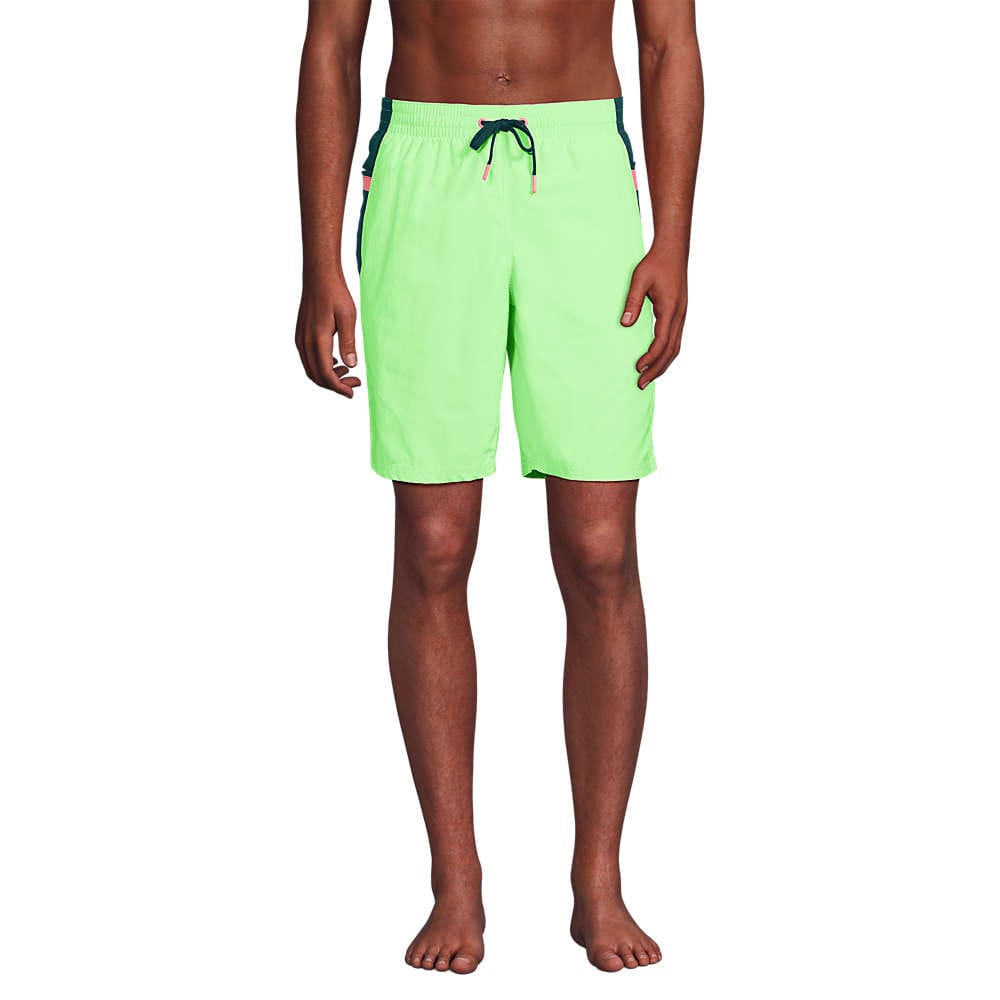 Lands' End Men's 9\“ Volley Swim Trunks are neon green with black drawstrings and feature contrasting side panels, designed for comfort and style in water activities.