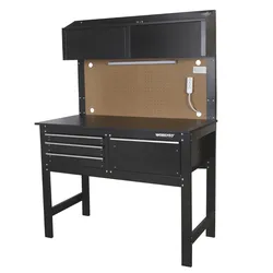 A black workbench with a pegboard back, built-in overhead storage, multiple drawers, and an integrated power strip.