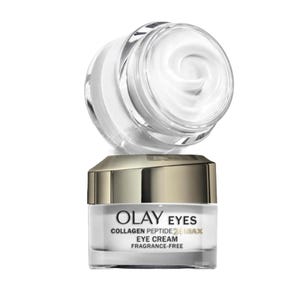 2pk Olay Eyes Collagen Peptide 24 Max Eye Cream is a fragrance-free formula designed to target the eye area, supplied in two jars with gold lids.