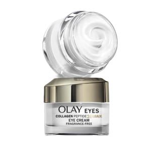 2pk Olay Eyes Collagen Peptide 24 Max Eye Cream is a fragrance-free formula designed to target the eye area, supplied in two jars with gold lids.