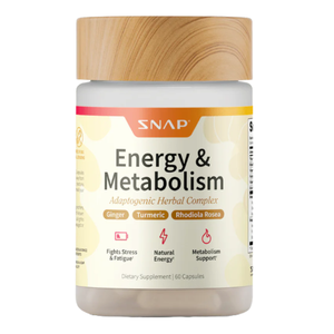 60ct Energy & Metabolism Capsules by SNAP contain an adaptogenic herbal complex with ginger, turmeric, and rhodiola rosea, designed to support natural energy, fight stress and fatigue, and aid metabolism.