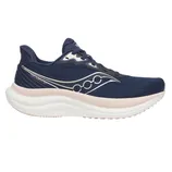 A navy blue Saucony running shoe with a wavy white logo, featuring a cushioned white sole and a textured upper design.