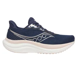 A navy blue Saucony running shoe with a wavy white logo, featuring a cushioned white sole and a textured upper design.